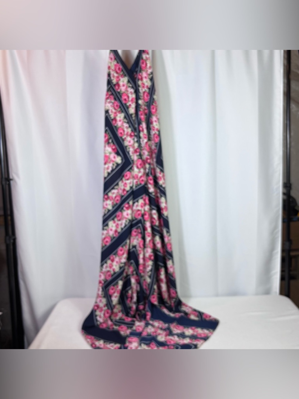 Rubber Ducky Navy Pink Floral Maxi Dress M Boho Scarf Print Romantic Cottagecore